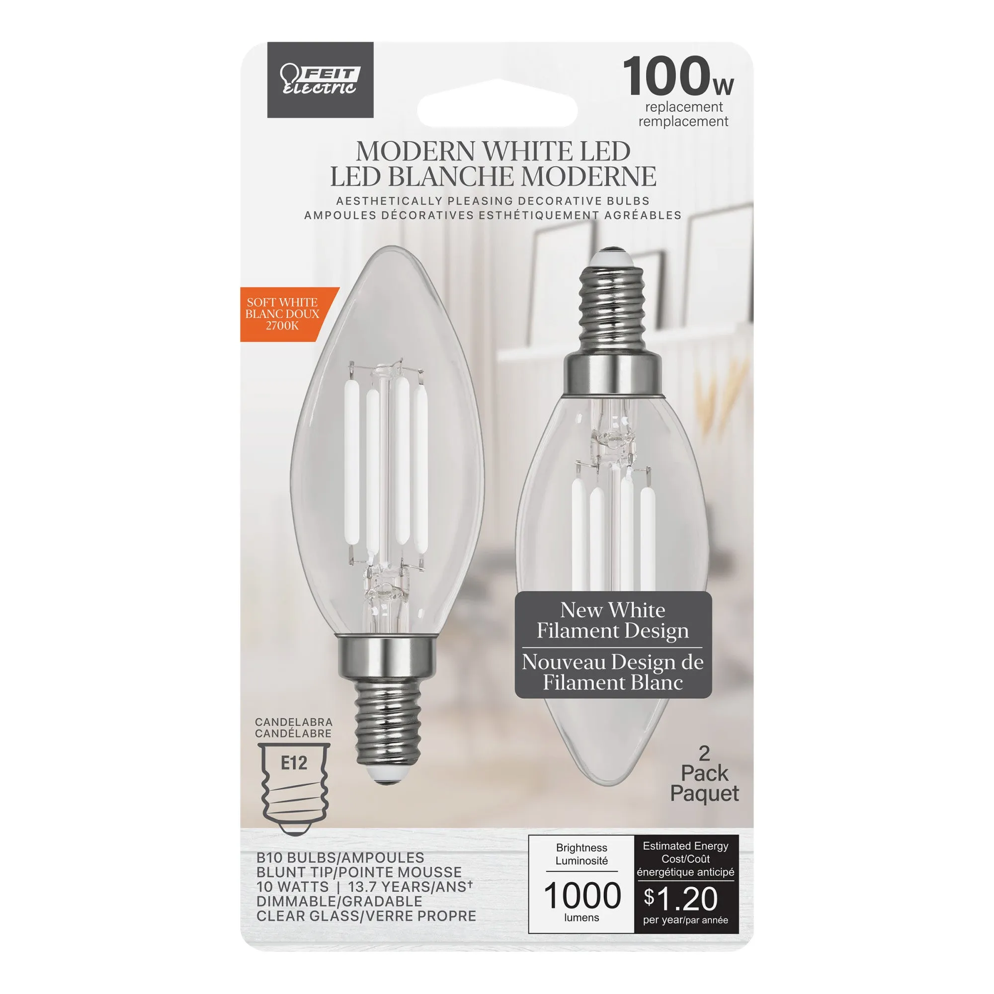 10W (100W Equivalent) Soft White (2700K) B10 Shape (E12 Base) Torpedo Tip Exposed White Filament Light Bulb (2-Pack)