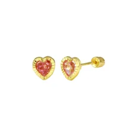 14E00067. - 14 Karat Yellow Gold Heart Pink CZ Screw Back Stud Earring