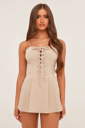 Beige Lace Up Front Pleat Detail Playsuit - Codi