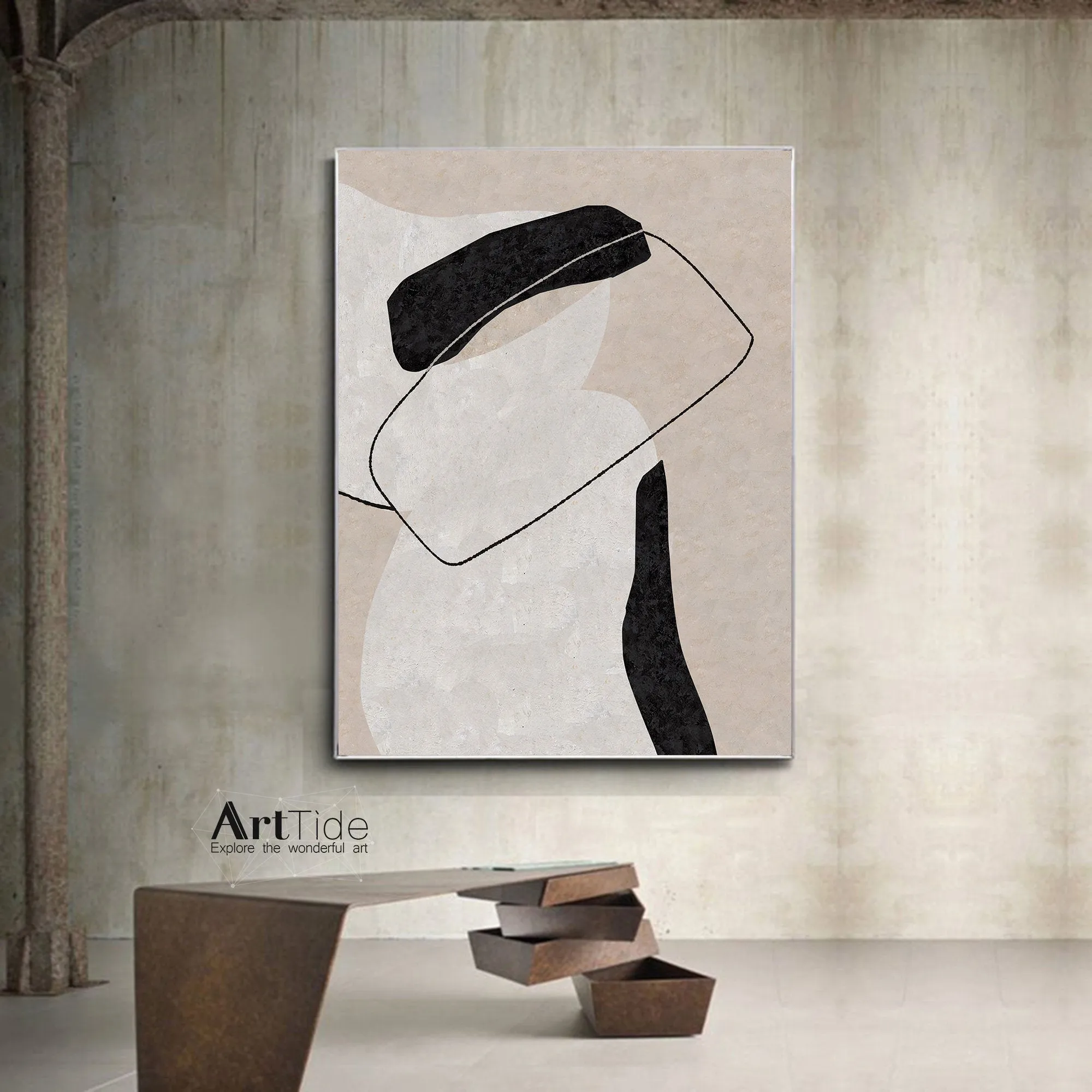 Black White Beige Minimalist Painting On Canvas Textured Painting Ap001