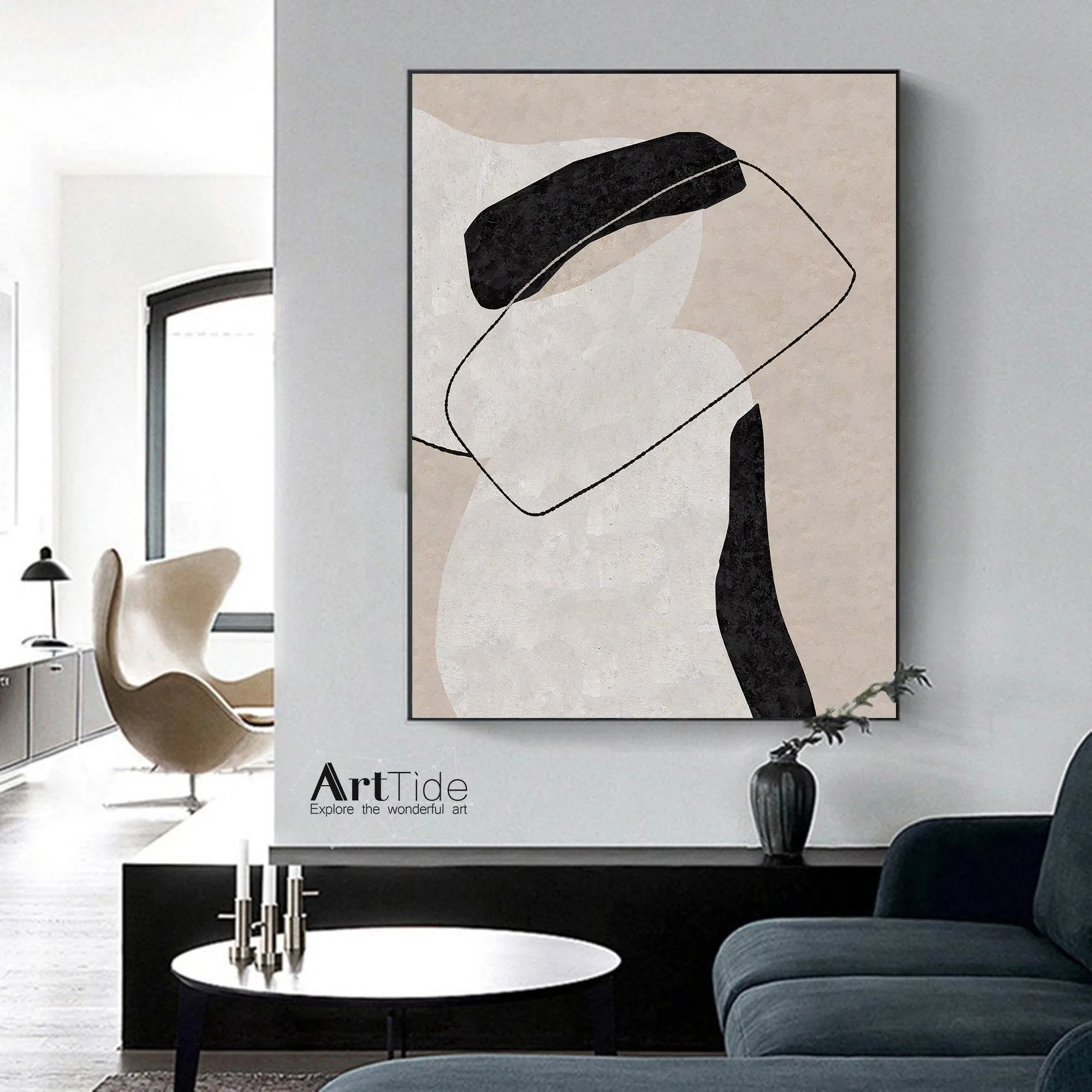 Black White Beige Minimalist Painting On Canvas Textured Painting Ap001