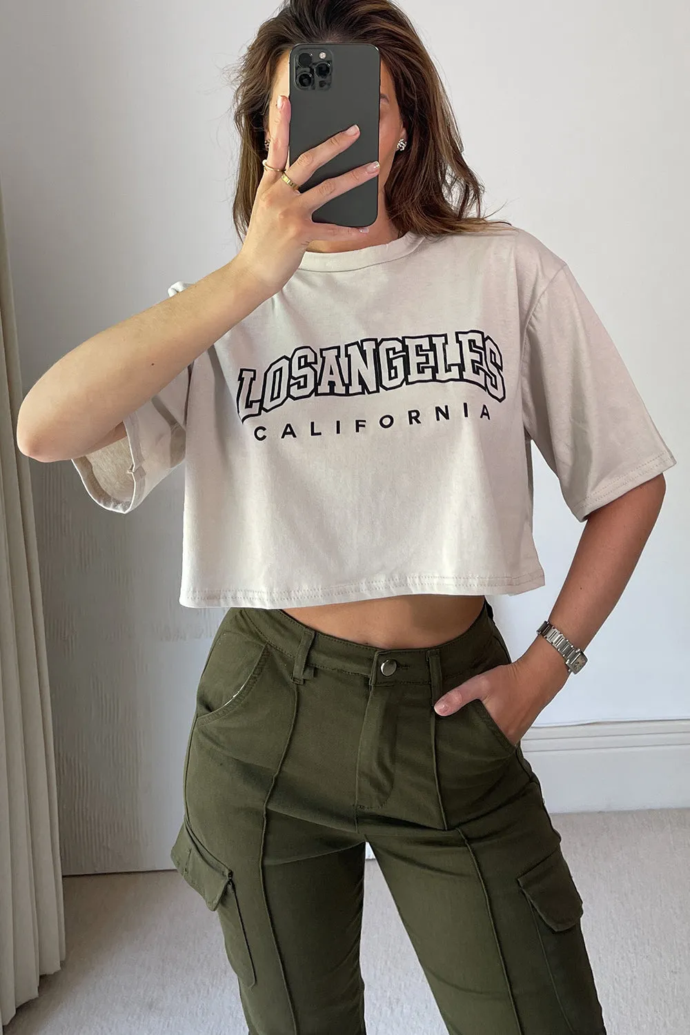 Bobbie Beige Los Angeles Slogan Oversized Crop Top