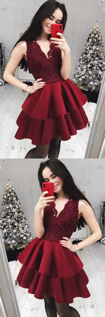 Burgundy Lace Satin A-line V-neck Cute Homecoming Dresses | Short Prom Dress, SH432