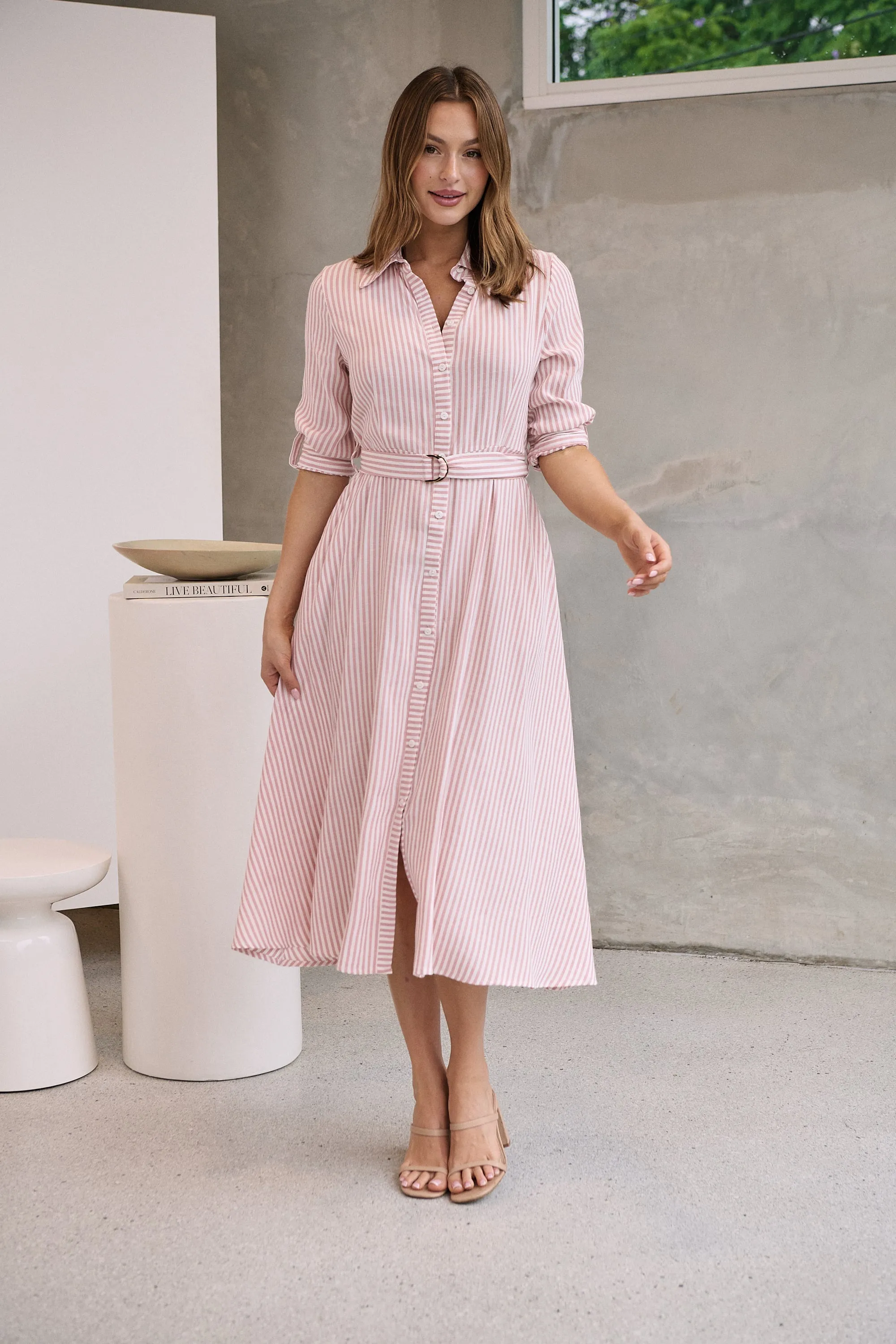 Carly White/Pink Stripe Collared Tie Waist Button Midi Dress