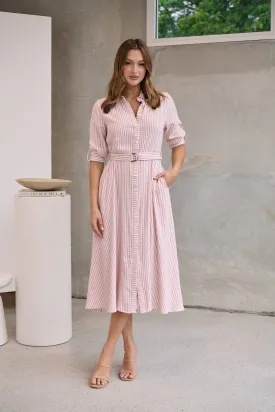 Carly White/Pink Stripe Collared Tie Waist Button Midi Dress