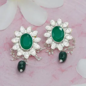 SILVER 92.5 GREEN KUNDAN EARRING