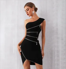 Zipper Black One-Shoulder Party Dress